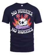 No Hurries No Worries Funny Snail Skull Graphic Tee - navy t-shirt on white background