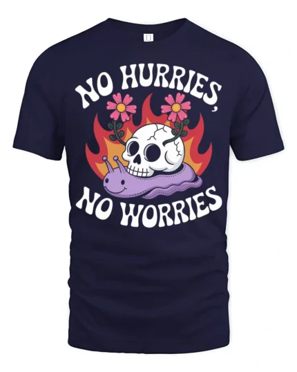 No Hurries No Worries Funny Snail Skull Graphic Tee - navy t-shirt on white background