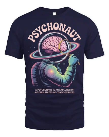 Psychonaut Cosmic Mind Explorer Astronaut Graphic Tee - navy t-shirt on white background