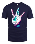 Neon Hand Gesture Street Style Graphic Tee Cool Vibe Tshirt - navy t-shirt on white background