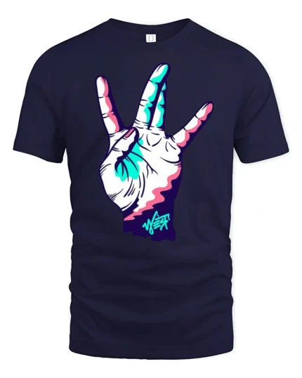 Neon Hand Gesture Street Style Graphic Tee Cool Vibe Tshirt - navy t-shirt on white background