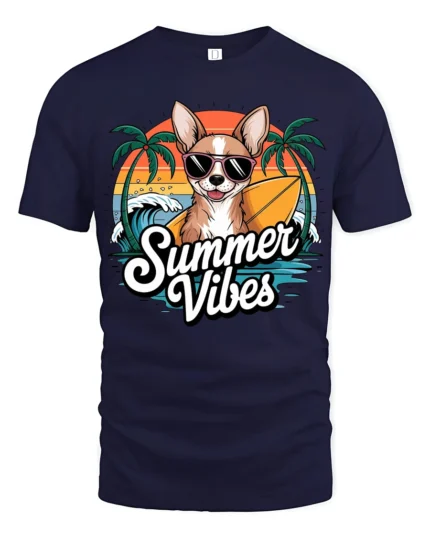 Summer Vibes Chihuahua Surf Dog Graphic Tee Beach Fun Tshirt - navy t-shirt on white background