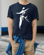 Mysterious Shadow Spy Silhouette Graphic Tee Minimal Tshirt - model wearing navy tee with hands in pockets