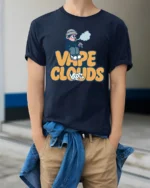 Vape Clouds Chill Cartoon Vaping Humor Graphic Tshirt - model wearing navy tee with hands in pockets