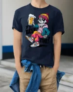 Its Beer Time Funny Skeleton Street Style Graphic Tee - model wearing navy tee with hands in pockets