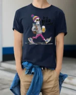 Its Beer Oclock Cool Skeleton Drinking Graphic Tshirt - model wearing navy tee with hands in pockets
