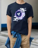 Not Likely Magic Eight Ball Graphic Tee Cosmic Humor Tshirt - model wearing navy tee with hands in pockets