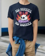 No Hurries No Worries Funny Snail Skull Graphic Tee - model wearing navy tee with hands in pockets