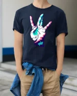 Neon Hand Gesture Street Style Graphic Tee Cool Vibe Tshirt - model wearing navy tee with hands in pockets