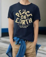 Peace On Earth Dove Graphic Tee Vintage Love Harmony Tshirt - model wearing navy tee with hands in pockets