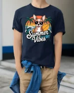 Summer Vibes Chihuahua Surf Dog Graphic Tee Beach Fun Tshirt - model wearing navy tee with hands in pockets