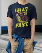Im A7 And Im Fast Snail Graphic Tee Funny Speed Humor Tshirt - model wearing navy tee with hands in pockets