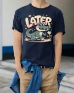 Later Alligator Cute Cartoon Vintage Vibes Tshirt - model wearing navy tee with hands in pockets