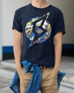 Abstract Lightning Wave Graphic Street Art Style Te - model wearing navy tee with hands in pockets