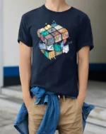 Creative Cube Life Scenes Abstract Artistic Graphic Tee - model wearing navy tee with hands in pockets