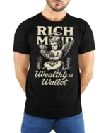 Rich Mind Wealthy Wallet Angel Money Vintage Graphic Tee - model wearing black tee with hands behind back