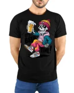 Its Beer Time Funny Skeleton Street Style Graphic Tee - model wearing black tee with hands behind back