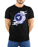 Not Likely Magic Eight Ball Graphic Tee Cosmic Humor Tshirt - model wearing black tee with hands behind back