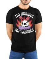 No Hurries No Worries Funny Snail Skull Graphic Tee - model wearing black tee with hands behind back