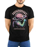 Psychonaut Cosmic Mind Explorer Astronaut Graphic Tee - model wearing black tee with hands behind back