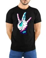 Neon Hand Gesture Street Style Graphic Tee Cool Vibe Tshirt - model wearing black tee with hands behind back