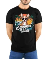Summer Vibes Chihuahua Surf Dog Graphic Tee Beach Fun Tshirt - model wearing black tee with hands behind back