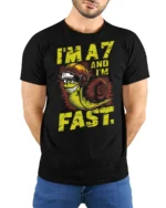 Im A7 And Im Fast Snail Graphic Tee Funny Speed Humor Tshirt - model wearing black tee with hands behind back