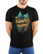 Soul Of A Mermaid Forced To Live On Land Graphic Tee - model wearing black tee with hands behind back