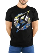 Abstract Lightning Wave Graphic Street Art Style Te - model wearing black tee with hands behind back