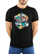 Creative Cube Life Scenes Abstract Artistic Graphic Tee - model wearing black tee with hands behind back
