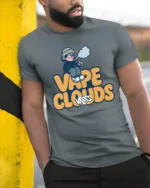 Vape Clouds Chill Cartoon Vaping Humor Graphic Tshirt - model wearing grey tee, leaning on column