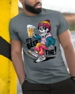 Its Beer Time Funny Skeleton Street Style Graphic Tee - model wearing grey tee, leaning on column