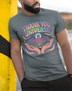 Thank You Universe Cosmic Eye Spiritual Vibes Graphic Tee - model wearing grey tee, leaning on column