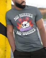 No Hurries No Worries Funny Snail Skull Graphic Tee - model wearing grey tee, leaning on column