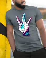 Neon Hand Gesture Street Style Graphic Tee Cool Vibe Tshirt - model wearing grey tee, leaning on column