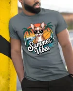 Summer Vibes Chihuahua Surf Dog Graphic Tee Beach Fun Tshirt - model wearing grey tee, leaning on column