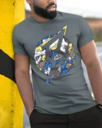 Abstract Lightning Wave Graphic Street Art Style Te - model wearing grey tee, leaning on column