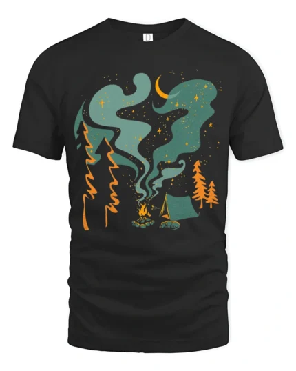 Campfire Night Sky Adventure Tee Cozy Outdoor Camping Vibes Tshirt - black t-shirt on white background