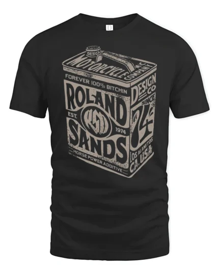 Vintage Motor Oil Rolando Sands Garage Style Graphic Tee Retro Tshirt - black t-shirt on white background