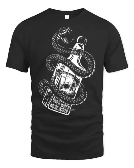 Dark Snake Skull Whiskey Bottle Graphic Tee Edgy Gothic Style Tshirt - black t-shirt on white background