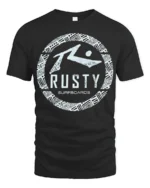 Rusty Surfboards Retro Surf Logo Beach Vibe Graphic Tee Tshirt - black t-shirt on white background