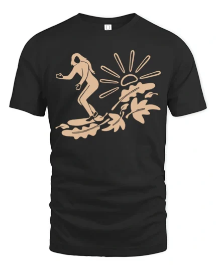Minimal Surfing Girl Wave Sunset Beach Vibe Graphic Tee Cool Tshirt - black t-shirt on white background