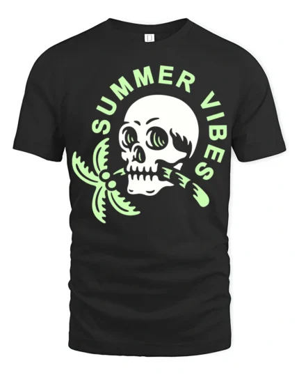 Summer Vibes Skull Palm Tree Graphic Tee Funny Beach Style Tshirt - black t-shirt on white background