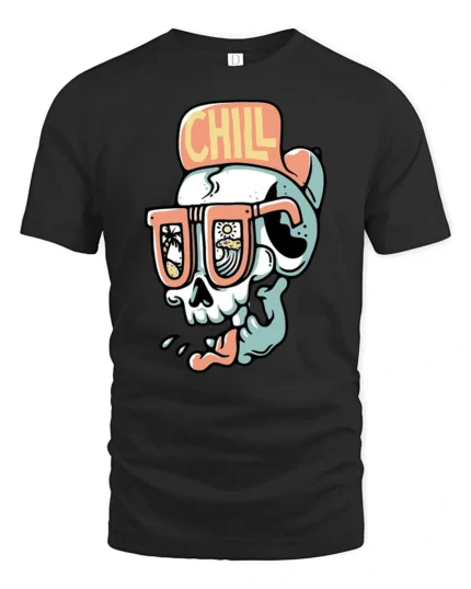 Chill Skull Beach Sunglasses Summer Vibe Funny Graphic Tee Tshirt - black t-shirt on white background