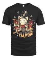 Funny Cat Knight Im Fine Graphic Tee Cute Warrior Humor Tshirt - black t-shirt on white background