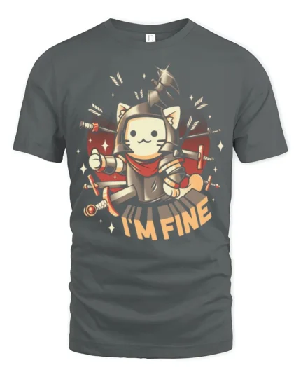 Funny Cat Knight Im Fine Graphic Tee Cute Warrior Humor Tshirt - gray t-shirt on white background