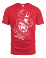 Dark Snake Skull Whiskey Bottle Graphic Tee Edgy Gothic Style Tshirt - red t-shirt on white background