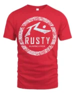 Rusty Surfboards Retro Surf Logo Beach Vibe Graphic Tee Tshirt - red t-shirt on white background