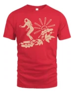 Minimal Surfing Girl Wave Sunset Beach Vibe Graphic Tee Cool Tshirt - red t-shirt on white background