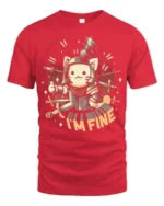 Funny Cat Knight Im Fine Graphic Tee Cute Warrior Humor Tshirt - red t-shirt on white background